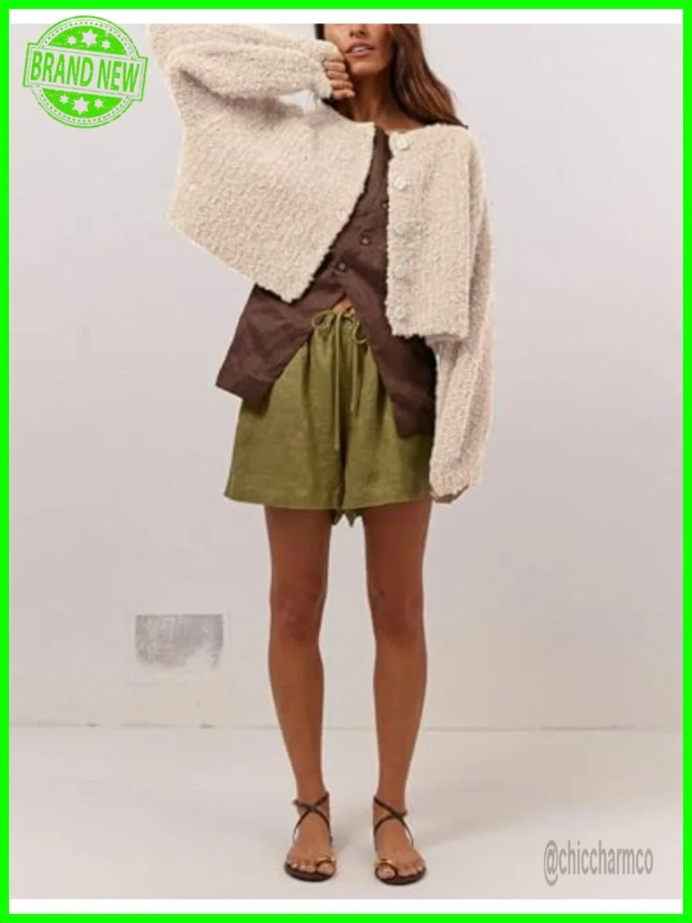 Women Cropped Knit Cardigan Long Sleeve Button Front Open Fluffy Sweater Jacket
